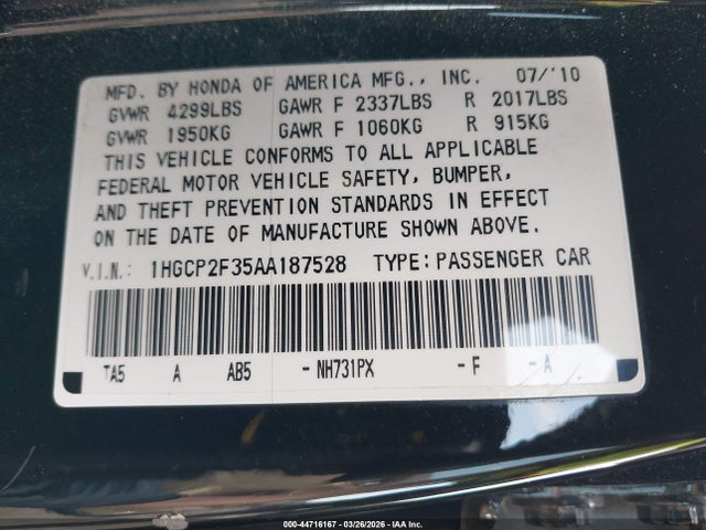 44716167 :رقم المزاد ، 1HGCP2F35AA187528 vin ، 2010 Honda Accord 2.4 Lx مزاد بيع
