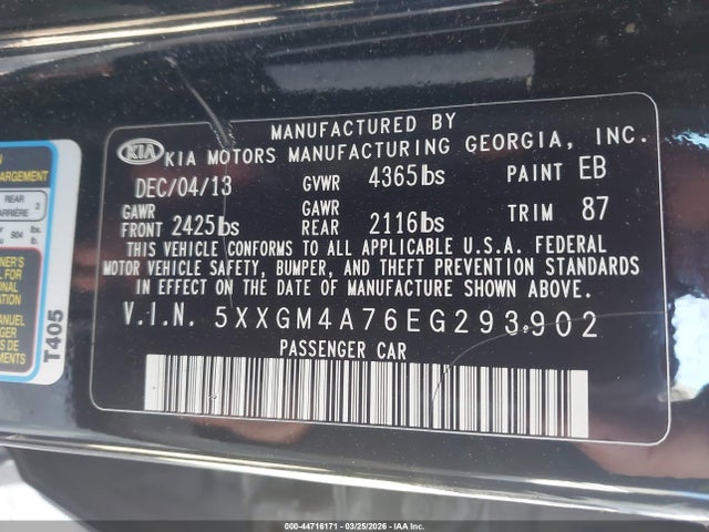 44716171 :رقم المزاد ، 5XXGM4A76EG293902 vin ، 2014 Kia Optima Lx مزاد بيع