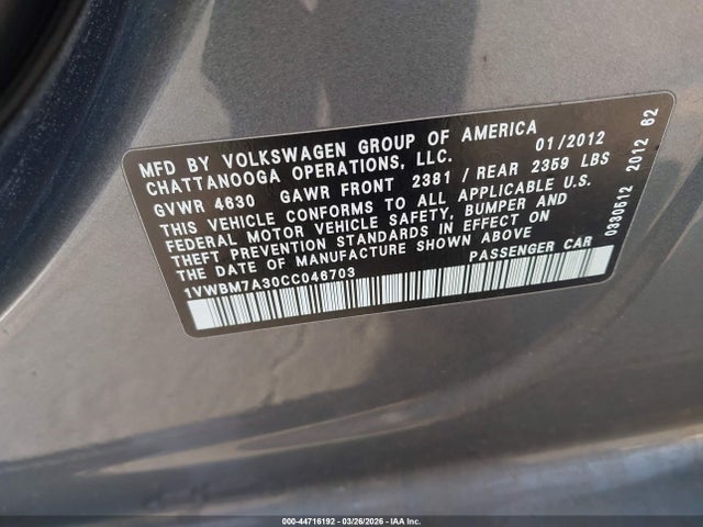 Aukcja sprzedaży 2012 Volkswagen Passat 3.6l V6 Se, vin: 1VWBM7A30CC046703, numer aukcji: 44716192