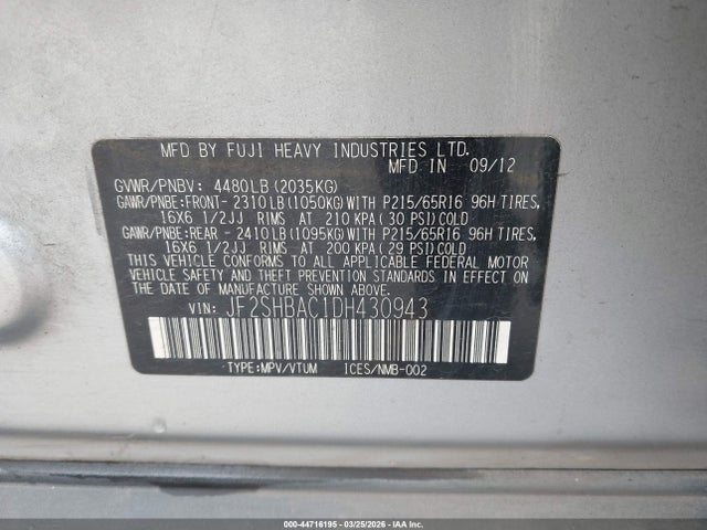 Aukcja sprzedaży 2013 Subaru Forester 2.5x, vin: JF2SHBAC1DH430943, numer aukcji: 44716195