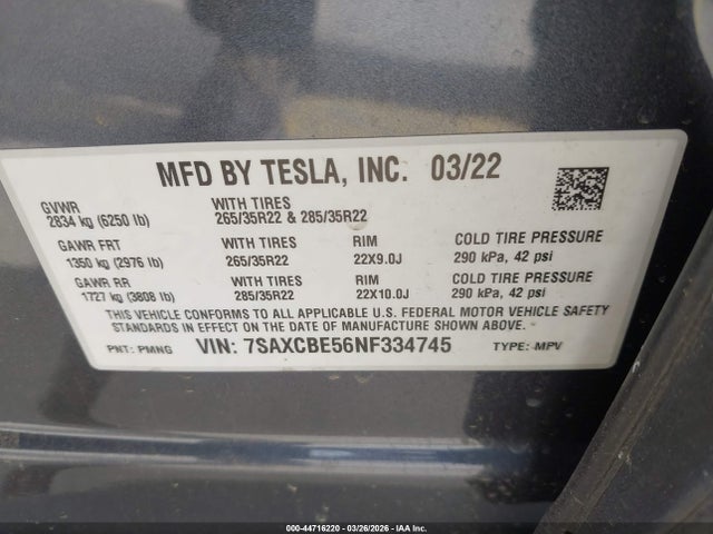 44716220 :رقم المزاد ، 7SAXCBE56NF334745 vin ، 2022 Tesla Model X Dual Motor All-wheel Drive مزاد بيع