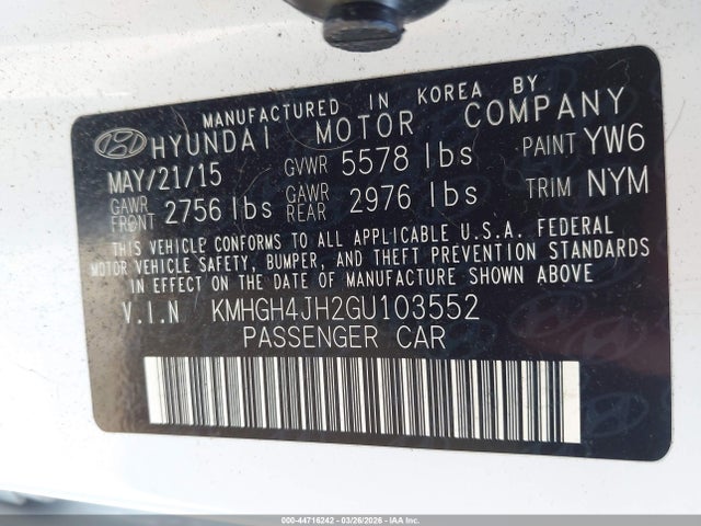 2016 Hyundai Equus Ultimate მანქანა იყიდება აუქციონზე, vin: KMHGH4JH2GU103552, აუქციონის ნომერი: 44716242