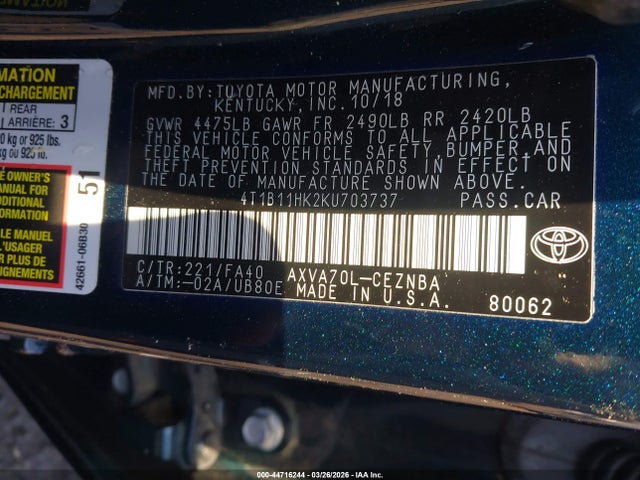 2019 Toyota Camry Le მანქანა იყიდება აუქციონზე, vin: 4T1B11HK2KU703737, აუქციონის ნომერი: 44716244