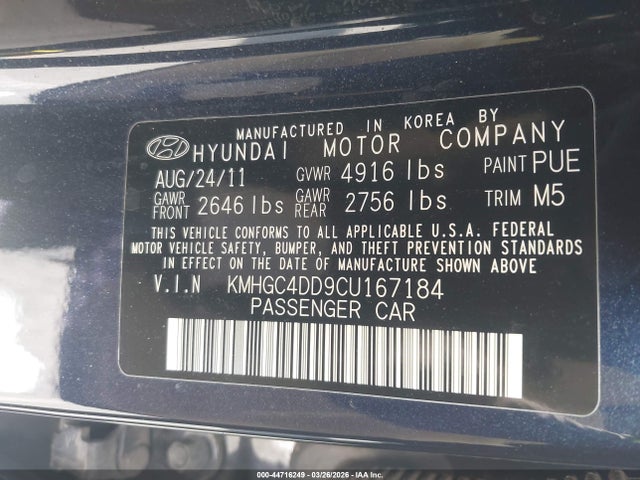 Продажа на аукционе авто 2012 Hyundai Genesis 3.8, vin: KMHGC4DD9CU167184, номер лота: 44716249