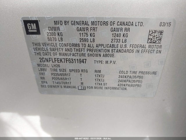 2015 Chevrolet Equinox 1lt მანქანა იყიდება აუქციონზე, vin: 2GNFLFEK7F6311947, აუქციონის ნომერი: 44716252