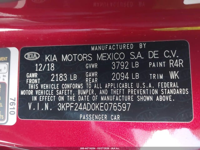 3KPF24AD0KE076597 KIA Forte Lxs