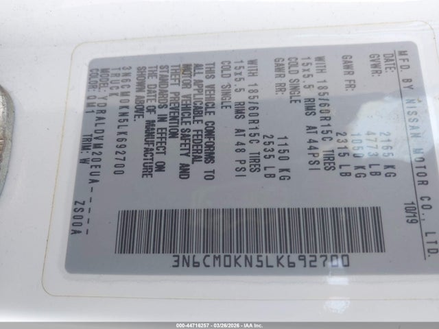 Aukcja sprzedaży 2020 Nissan Nv200  Cargo S Xtronic Cvt, vin: 3N6CM0KN5LK692700, numer aukcji: 44716257