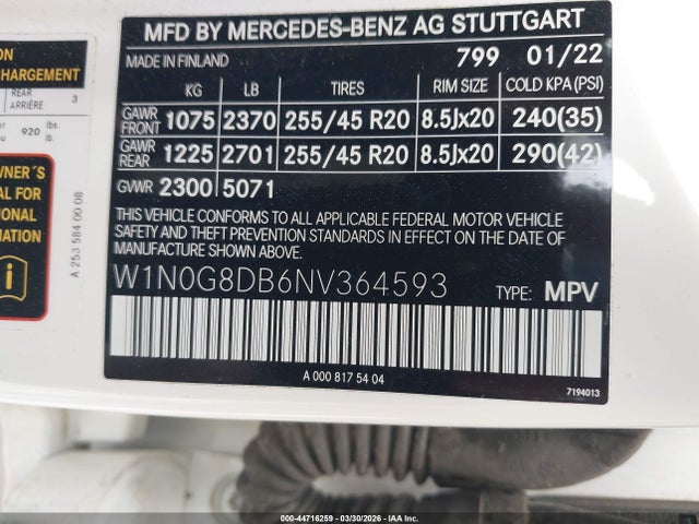 44716259 :رقم المزاد ، W1N0G8DB6NV364593 vin ، 2022 Mercedes-benz Glc 300 Suv مزاد بيع