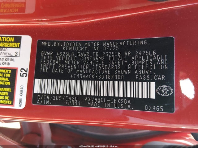2025 Toyota Camry Se მანქანა იყიდება აუქციონზე, vin: 4T1DAACKXSU187868, აუქციონის ნომერი: 44716265