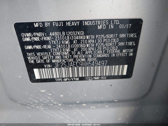 Aukcja sprzedaży 2017 Subaru Forester 2.5i Premium, vin: JF2SJAEC9HH549497, numer aukcji: 44716266