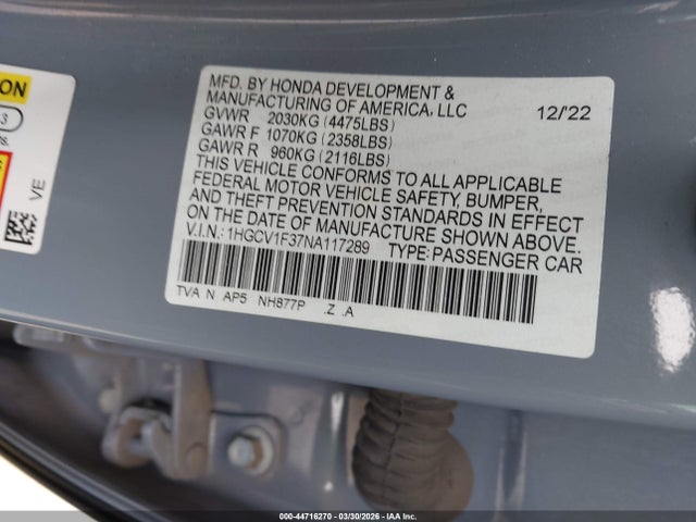 Продаж на аукціоні авто 2022 Honda Accord Sport, vin: 1HGCV1F37NA117289, номер лоту: 44716270