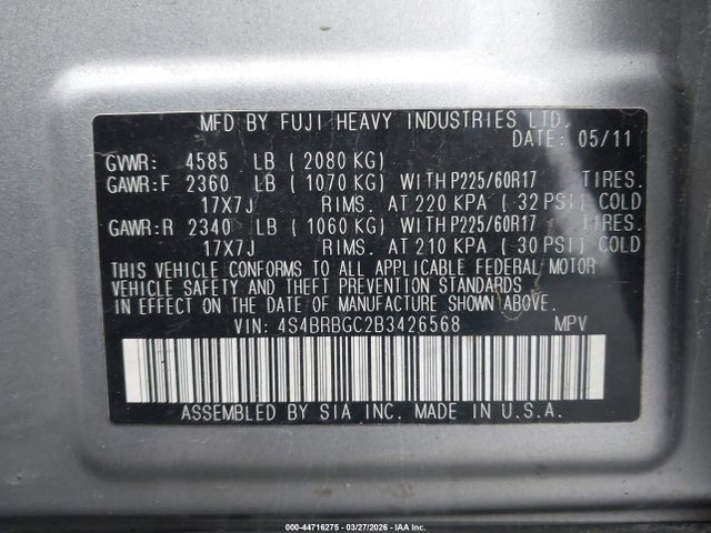 44716275 :رقم المزاد ، 4S4BRBGC2B3426568 vin ، 2011 Subaru Outback 2.5i Premium مزاد بيع