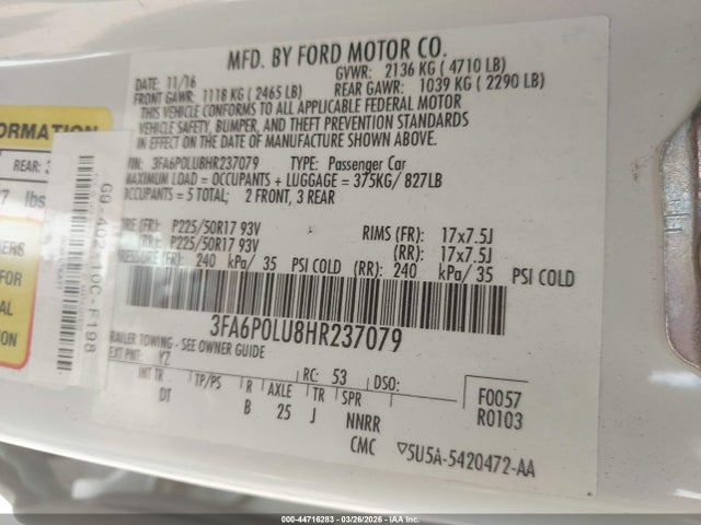 Продаж на аукціоні авто 2017 Ford Fusion Hybrid Se, vin: 3FA6P0LU8HR237079, номер лоту: 44716283