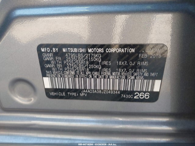 44716284 :رقم المزاد ، JA4AD3A38JZ049344 vin ، 2018 Mitsubishi Outlander Le مزاد بيع