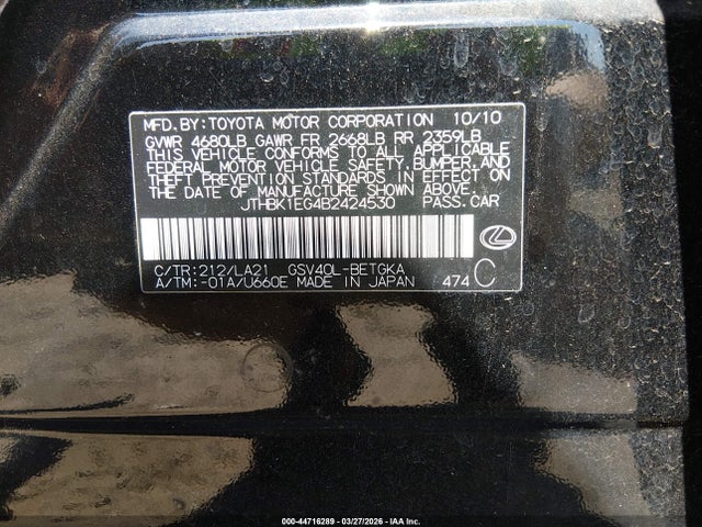 44716289 :رقم المزاد ، JTHBK1EG4B2424530 vin ، 2011 Lexus Es 350 مزاد بيع