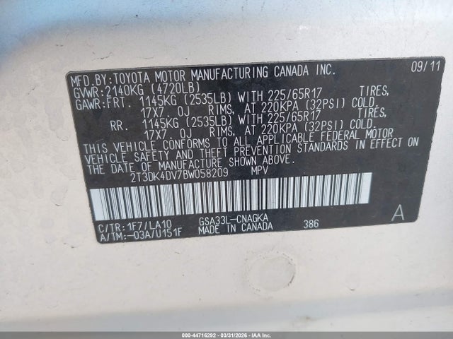 Aukcja sprzedaży 2011 Toyota Rav4 Limited V6, vin: 2T3DK4DV7BW058209, numer aukcji: 44716292