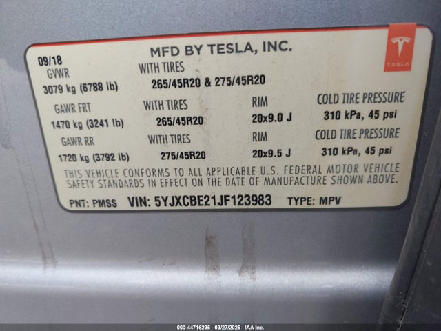 2018 Tesla Model X 100d/75d/p100d მანქანა იყიდება აუქციონზე, vin: 5YJXCBE21JF123983, აუქციონის ნომერი: 44716295