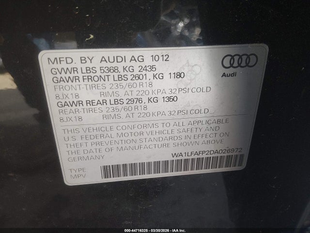 Aukcja sprzedaży 2013 Audi Q5 2.0t Premium, vin: WA1LFAFP2DA026972, numer aukcji: 44716325