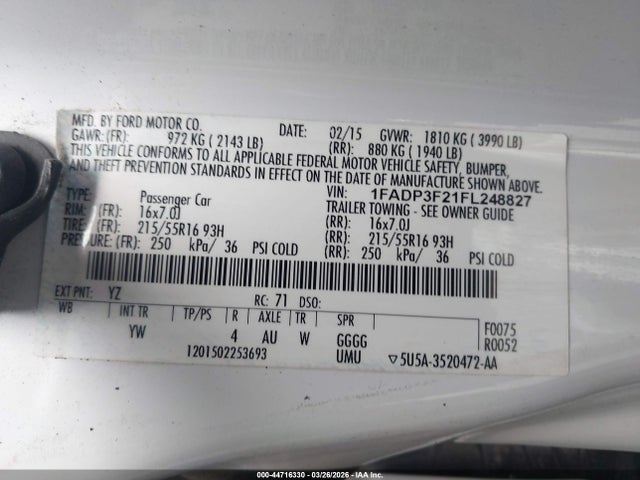 Ford FOCUS SE 2015 1FADP3F21FL248827 Image 9