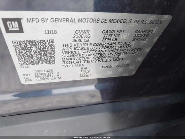 44716331 :رقم المزاد ، 3GKALTEV7KL233434 vin ، 2019 Gmc Terrain Sle مزاد بيع