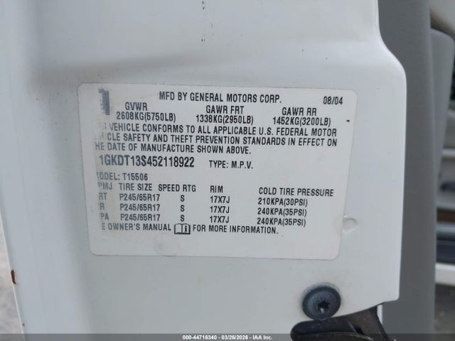 Aukcja sprzedaży 2005 Gmc Envoy Sle, vin: 1GKDT13S452118922, numer aukcji: 44716340
