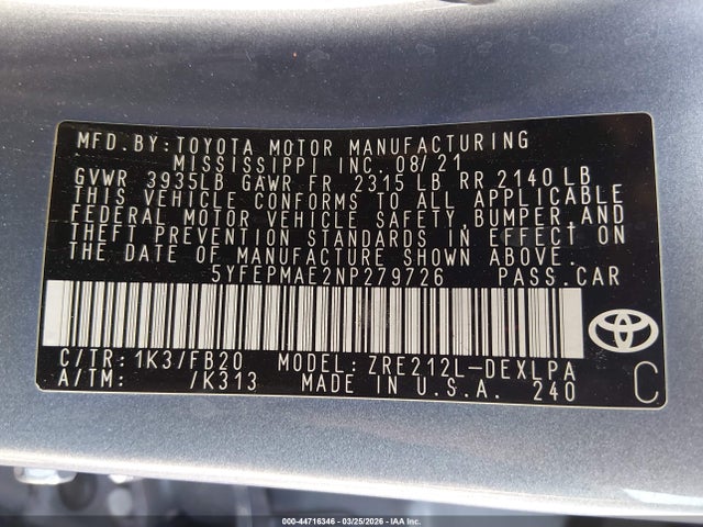 5YFEPMAE2NP279726 Toyota COROLLA LE