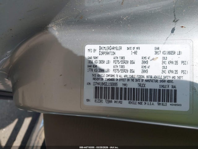 2002 Dodge Ram 1500 St მანქანა იყიდება აუქციონზე, vin: 1D7HA18N52J192895, აუქციონის ნომერი: 44716355