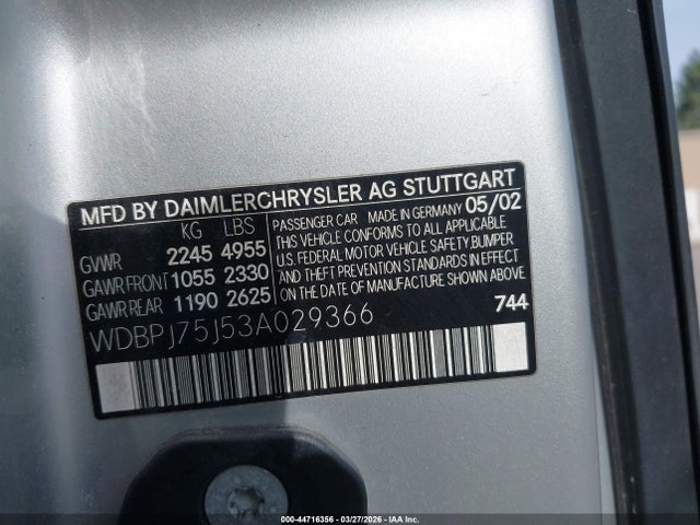 Aukcja sprzedaży 2003 Mercedes-benz Cl 500, vin: WDBPJ75J53A029366, numer aukcji: 44716356