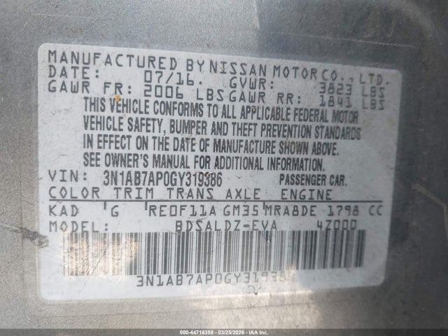 3N1AB7AP0GY319386 Nissan SENTRA SV