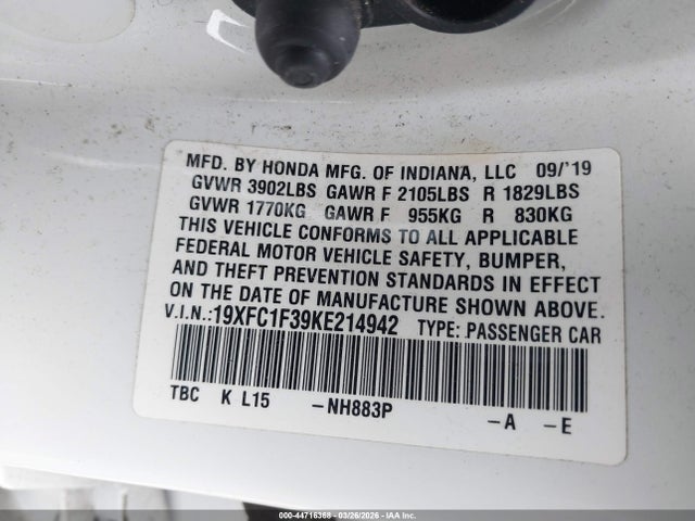 Honda CIVIC EX 2019 19XFC1F39KE214942 Image 9