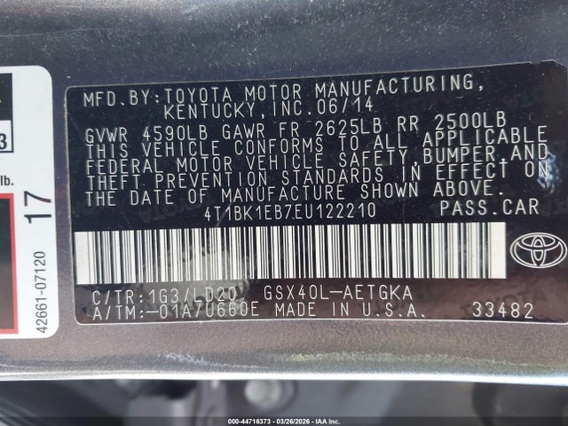 4T1BK1EB7EU122210 Toyota AVALON XLE