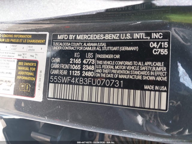 44716375 :رقم المزاد ، 55SWF4KB3FU070731 vin ، 2015 Mercedes-benz C 300 Luxury 4matic مزاد بيع