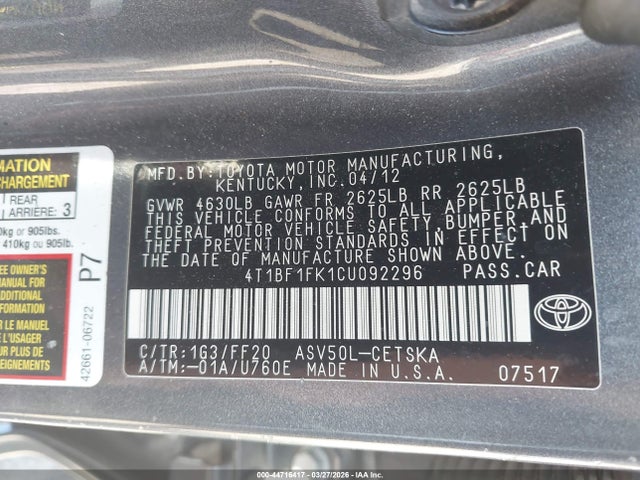 Aukcja sprzedaży 2012 Toyota Camry Se, vin: 4T1BF1FK1CU092296, numer aukcji: 44716417