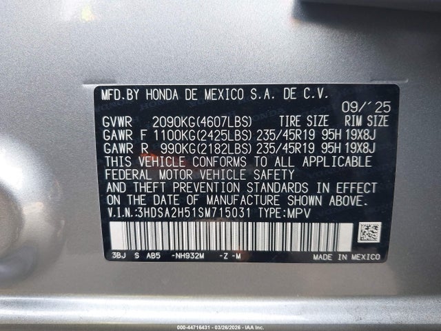 2025 Acura Adx A-spec მანქანა იყიდება აუქციონზე, vin: 3HDSA2H51SM715031, აუქციონის ნომერი: 44716431