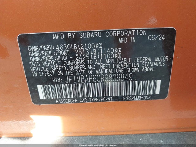 Aukcja sprzedaży 2024 Subaru Wrx Premium, vin: JF1VBAH60R9809849, numer aukcji: 44716438