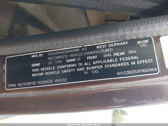 Продажа на аукционе авто 1985 Volkswagen Vanagon Campmobile, vin: WV2ZB025XFH063404, номер лота: 44716446