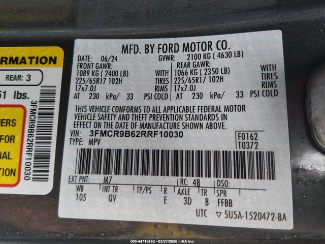 Продажа на аукционе авто 2024 Ford Bronco Sport Big Bend, vin: 3FMCR9B62RRF10030, номер лота: 44716462