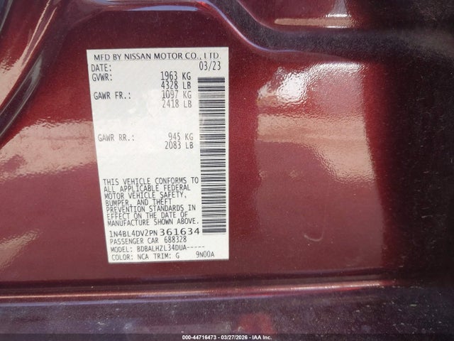 1N4BL4DV2PN361634 Nissan Altima Sv Fwd