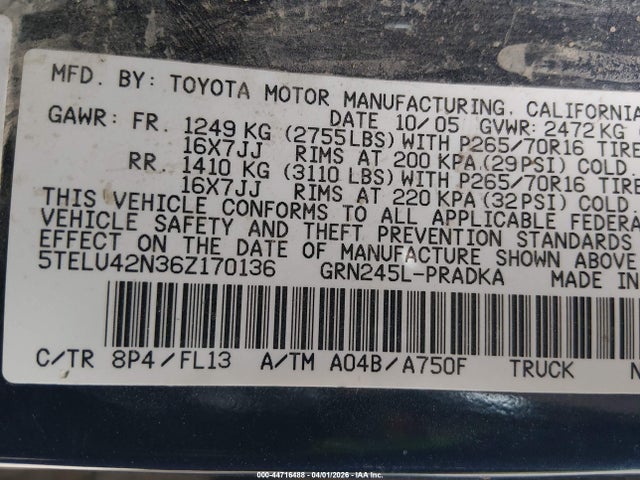 Aukcja sprzedaży 2006 Toyota Tacoma Base V6, vin: 5TELU42N36Z170136, numer aukcji: 44716488