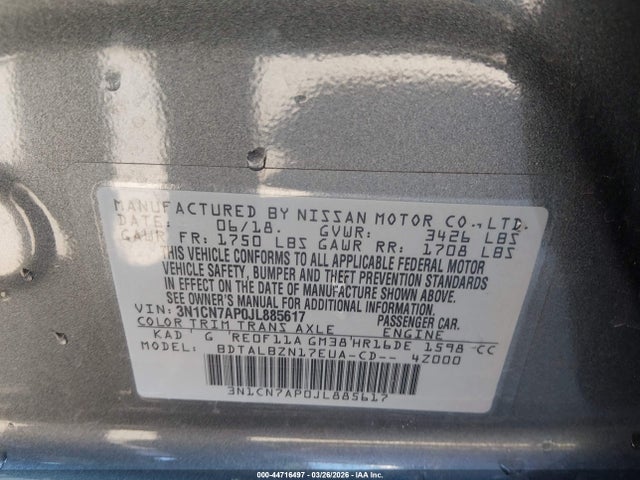 3N1CN7AP0JL885617 Nissan Versa 1.6 Sv
