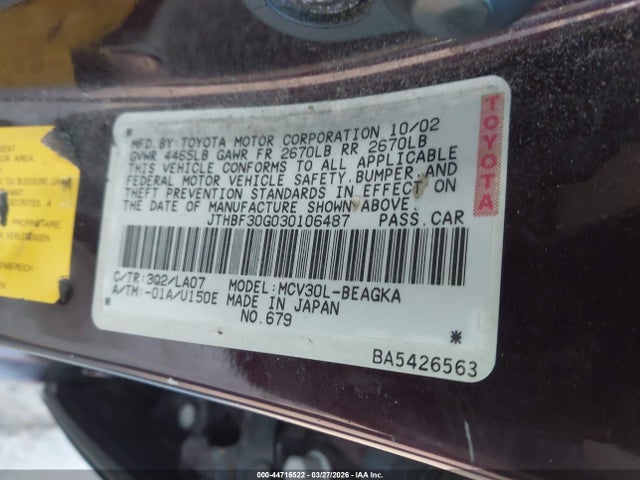 Aukcja sprzedaży 2003 Lexus Es 300, vin: JTHBF30G030106487, numer aukcji: 44716522