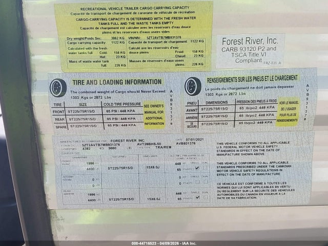 Продажа на аукционе авто 2021 Forrest River, vin: 5ZT2AVTB7MB931376, номер лота: 44716523
