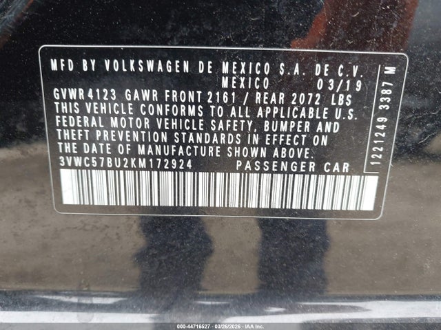 2019 Volkswagen Jetta 1.4t R-line/1.4t S/1.4t Se მანქანა იყიდება აუქციონზე, vin: 3VWC57BU2KM172924, აუქციონის ნომერი: 44716527