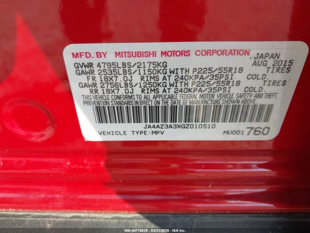 Продаж на аукціоні авто 2016 Mitsubishi Outlander Es/se/sel, vin: JA4AZ3A3XGZ010510, номер лоту: 44716529