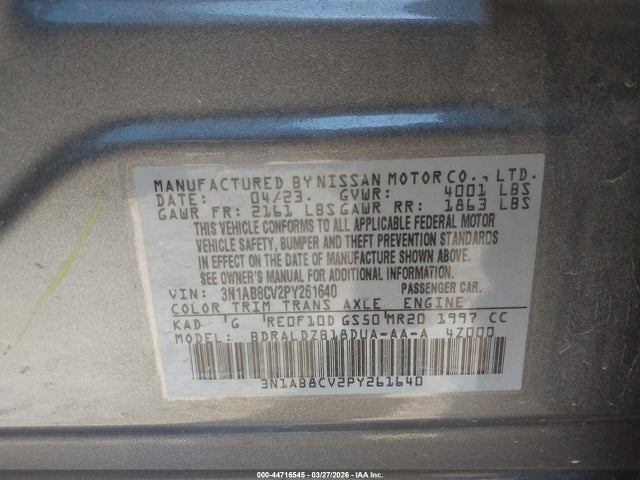 Продаж на аукціоні авто 2023 Nissan Sentra Sv Xtronic Cvt, vin: 3N1AB8CV2PY261640, номер лоту: 44716545