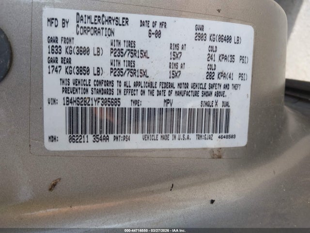 44716550 :رقم المزاد ، 1B4HS28Z1YF305685 vin ، 2000 Dodge Durango مزاد بيع