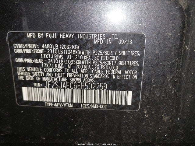 44716556 :رقم المزاد ، JF2SJAEC6EH502259 vin ، 2014 Subaru Forester 2.5i Premium مزاد بيع