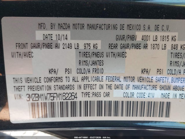 3MZBM1W75FM162264 Mazda Mazda3 I Grand Touring