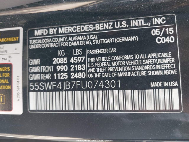 2015 Mercedes-benz C 300 მანქანა იყიდება აუქციონზე, vin: 55SWF4JB7FU074301, აუქციონის ნომერი: 44716581