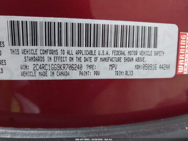 Продажа на аукционе авто 2019 Chrysler Pacifica Limited, vin: 2C4RC1GG9KR706240, номер лота: 44716593